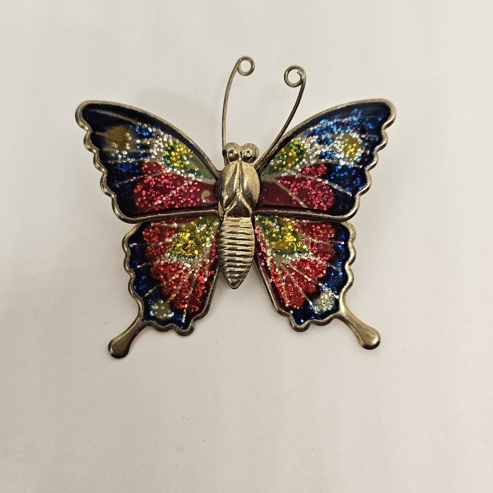 Butterfly Brooch Pin Enamel Metal Multicolor Sparkly Glitter Gold Bug Insect